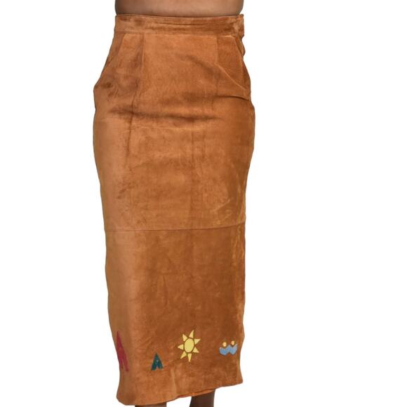 Vintage Eagles Eye Suede Skirt Brown Embroidered Straight Column Camel Size 2 XS - Picture 10 of 15